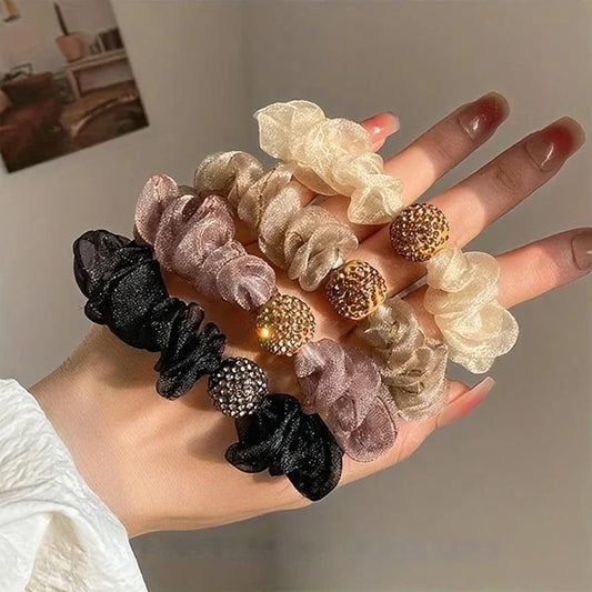 5Pcs Set Elegant Rhinestone Mesh Hair Ties