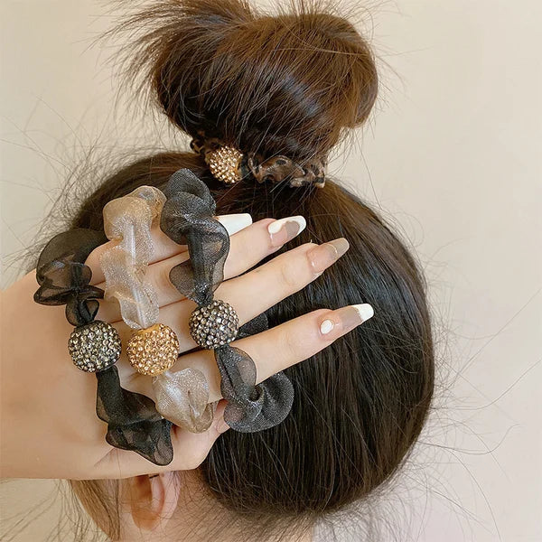 5Pcs Set Elegant Rhinestone Mesh Hair Ties