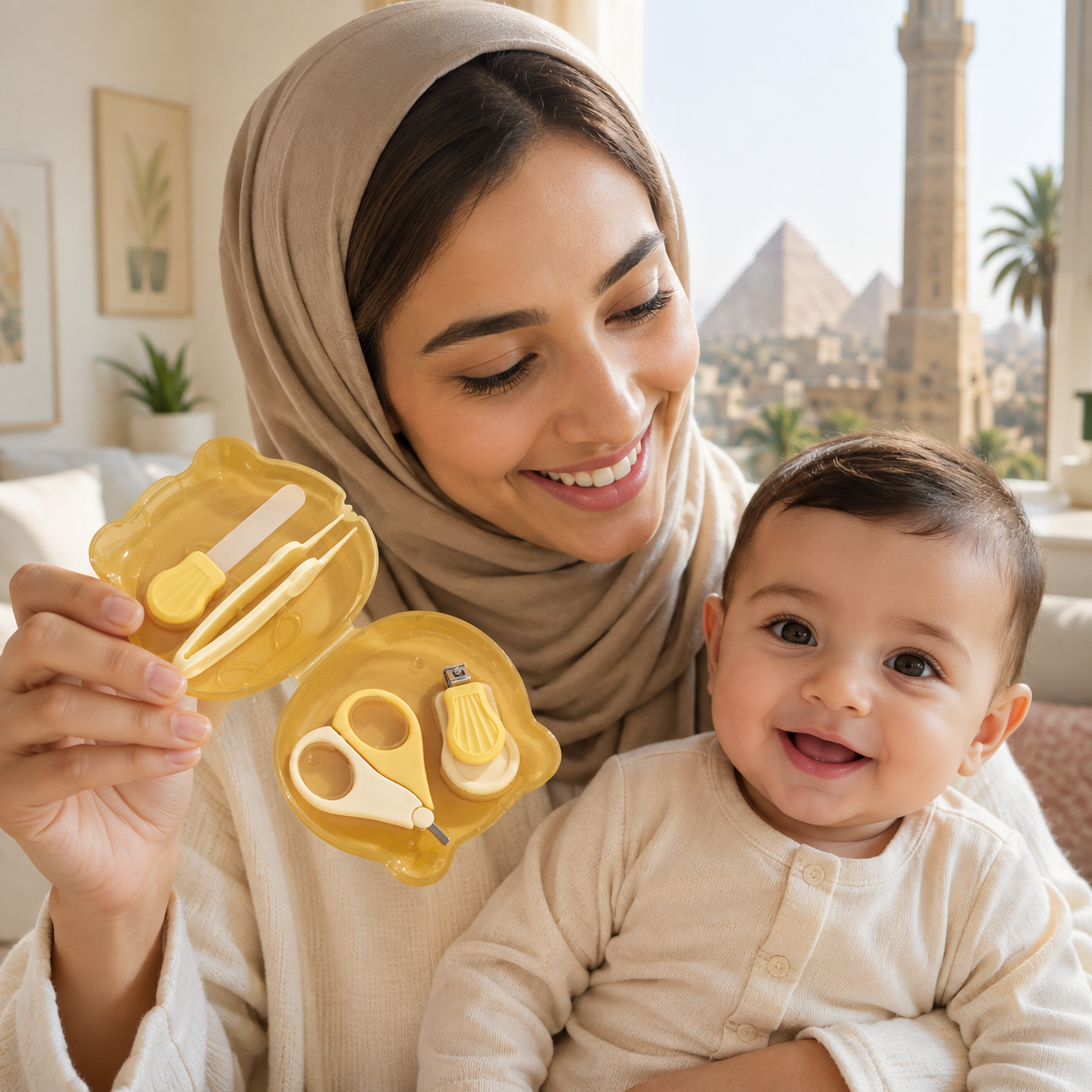 أم مصرية تعرض طقم العناية بأظافر طفلها